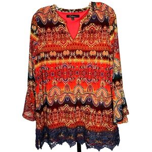 Calesas mulitcolor lace Floral Boho paisley Womens Size Large Bell Sleeve Tunic‎